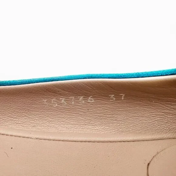 GUCCI Interlocking Crystal GG Ballet Flat Size 37 US 7 Teal Blue Suede - Picture 6 of 13